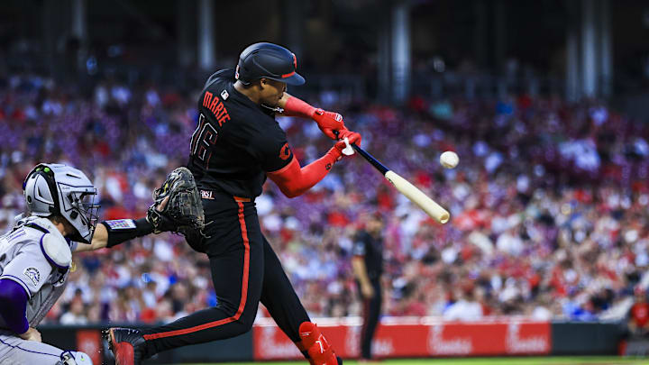 Jul 11, 2025; Cincinnati, Ohio, USA; Cincinnati Reds third baseman Noelvi Marte (16) hits a double in the seventh inning against the Colorado Rockies at Great American Ball Park. Mandatory Credit: Katie Stratman-Imagn Images Jul 11, 2025; Cincinnati, Ohio, USA; Cincinnati Reds third baseman Noelvi Marte (16) hits a double in the seventh inning against the Colorado Rockies at Great American Ball Park. Mandatory Credit: Katie Stratman-Imagn Images