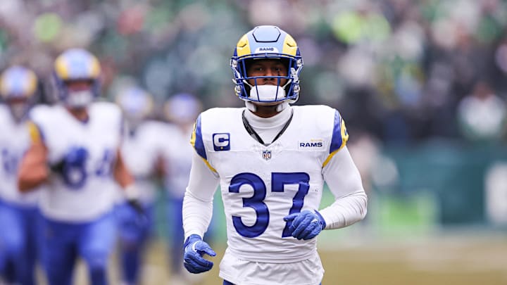 Jan 19, 2025; Philadelphia, Pennsylvania, USA; Los Angeles Rams safety Quentin Lake (37) before action against the Philadelphia Eagles in a 2025 NFC divisional round game at Lincoln Financial Field. Mandatory Credit: Bill Streicher-Imagn Images