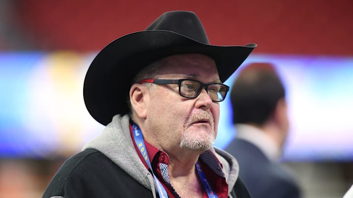 Professional wrestling commentator Jim Ross looks on before the 2019 Peach Bowl.
