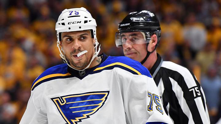 May 2, 2017; Nashville, TN, USA; St. Louis Blues right wing Ryan Reaves (75) against the Nashville Predators  in game four of the second round of the 2017 Stanley Cup Playoffs at Bridgestone Arena. Mandatory Credit: Christopher Hanewinckel-USA TODAY Sports