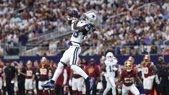 Dallas Cowboys wide receiver CeeDee Lamb (88) leaps to catch a pass against the Washington Commanders during the first quarter at AT&T Stadium. Mandatory Credit: Kevin Jairaj-Imagn Images Dallas Cowboys wide receiver CeeDee Lamb (88) leaps to catch a pass against the Washington Commanders during the first quarter at AT&T Stadium. Mandatory Credit: Kevin Jairaj-Imagn Images