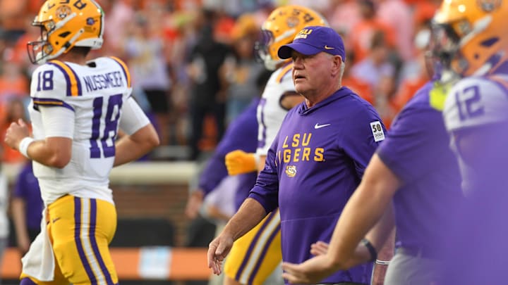 LSU Tigers head coach Brian Kelly takes to the field Saturday, Aug. 30, 2025 during the NCAA football game against the Clemson Tigers at Memorial Stadium in Clemson, South Carolina.
