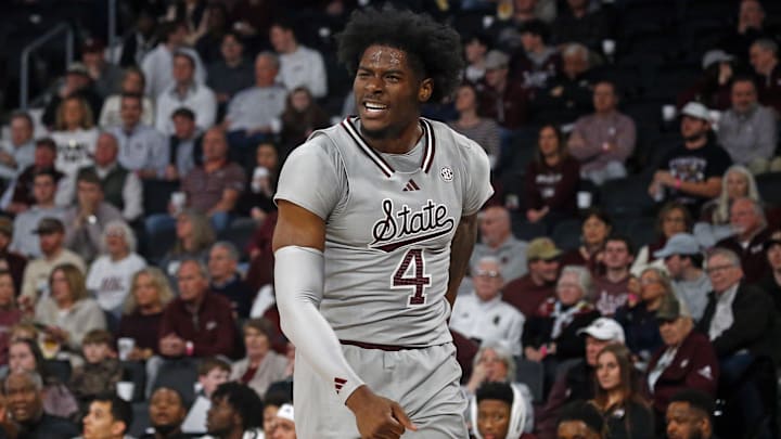 Feb 18, 2025; Starkville, Mississippi, USA; Mississippi State Bulldogs forward Cameron Matthews (4) reacts during the first half against the Texas A&M Aggies at Humphrey Coliseum. Mandatory Credit: Petre Thomas-Imagn Images