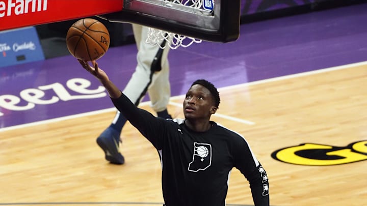 Jan 11, 2021; Sacramento, California, USA; Indiana Pacers guard Victor Oladipo (4) warms up before a game against the Sacramento Kings at Golden 1 Center. Mandatory Credit: Kelley L Cox-Imagn Images