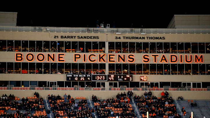 Barry Sanders' name and number is pictured in the Ring of Honor during the college football game between the Oklahoma State Cowboys and TCU Horned Frogs at Boone Pickens Stadium in Stillwater, Okla., Saturday, Nov. 13, 2021.

Osu Tcu Fb