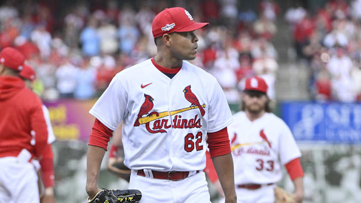 Oct 7, 2022; St. Louis, Missouri, USA; St. Louis Cardinals starting pitcher Jose Quintana (62) is removed from the game during the sixth inning against the Philadelphia Phillies in game one of the Wild Card series for the 2022 MLB Playoffs at Busch Stadium. Mandatory Credit: Jeff Curry-Imagn Images Oct 7, 2022; St. Louis, Missouri, USA; St. Louis Cardinals starting pitcher Jose Quintana (62) is removed from the game during the sixth inning against the Philadelphia Phillies in game one of the Wild Card series for the 2022 MLB Playoffs at Busch Stadium. Mandatory Credit: Jeff Curry-Imagn Images