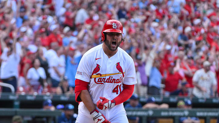 Mar 26, 2026; St. Louis, Missouri, USA; St. Louis Cardinals first baseman Alec Burleson (41) reacts after hitting a go ahead two run home run against the Tampa Bay Rays during the sixth inning at Busch Stadium. Mandatory Credit: Jeff Curry-Imagn Images