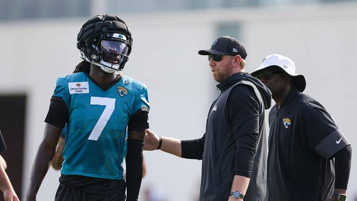 Jul 25, 2025; Jacksonville, FL, USA; Jacksonville Jaguars head coach Liam Coen talks to wide receiver Brian Thomas Jr. (7) during training camp at Miller Electric Center. Mandatory Credit: Nathan Ray Seebeck-Imagn Images