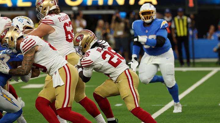 Aug 20, 2026; Inglewood, California, USA;  San Francisco 49ers running back Kaelon Black (26) runs with the ball during the first quarter against the Los Angeles Chargers at SoFi Stadium. Mandatory Credit: Kiyoshi Mio-Imagn Images