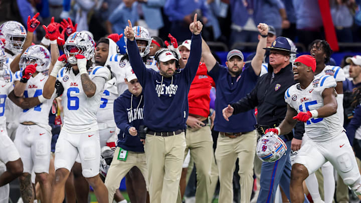 Jan 1, 2026; New Orleans, LA, USA; Mississippi Rebels head coach Pete Golding reacts in the fourth quarter during the 2025 Sugar Bowl and quarterfinal game of the College Football Playoff against the Georgia Bulldogs at Caesars Superdome. Mandatory Credit: Stephen Lew-Imagn Images