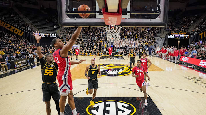 Mar 2, 2024; Columbia, Missouri, USA; Mississippi Rebels guard Matthew Murrell (11) shoots a layup