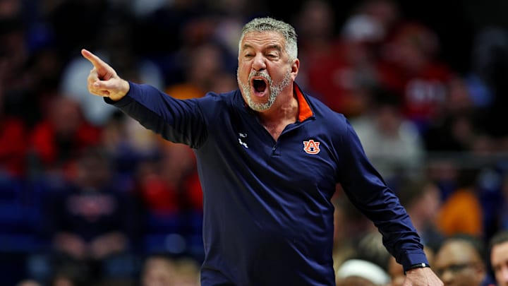 Mar 20, 2025; Lexington, KY, USA;  Auburn Tigers head coach Bruce Pearl calls to his team during the first half against the Alabama State Hornets in the first round of the NCAA Tournament at Rupp Arena. Mandatory Credit: Jordan Prather-Imagn Images