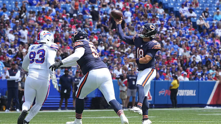 Aug 10, 2024; Orchard Park, New York, USA; Chicago Bears quarterback Caleb Williams (18) throws the ball against the Buffalo Bills during the first half at Highmark Stadium. Mandatory Credit: Gregory Fisher-USA TODAY Sports