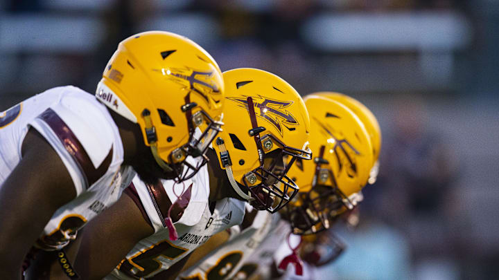 Apr 13, 2018; Tempe, AZ, USA; Detailed view of the helmets of Arizona State Sun Devils players as they line up during the teams spring game scrimmage at Sun Devil Soccer Stadium. Mandatory Credit: Mark J. Rebilas-Imagn Images Apr 13, 2018; Tempe, AZ, USA; Detailed view of the helmets of Arizona State Sun Devils players as they line up during the teams spring game scrimmage at Sun Devil Soccer Stadium. Mandatory Credit: Mark J. Rebilas-Imagn Images