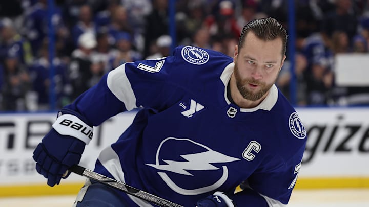 Apr 22, 2025; Tampa, Florida, USA; Tampa Bay Lightning defenseman Victor Hedman (77) works out against the Florida Panthers before game one of the first round of the 2025 Stanley Cup Playoffs at Amalie Arena. Mandatory Credit: Kim Klement Neitzel-Imagn Images