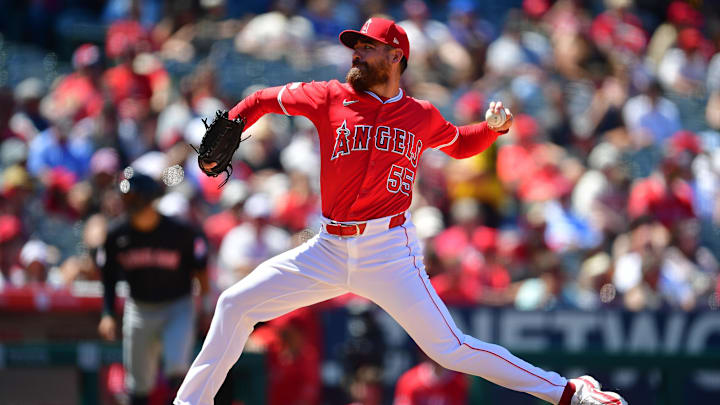 May 26, 2024; Anaheim, California, USA; Los Angeles Angels pitcher Matt Moore (55) throws against the Cleveland Guardians during the sixth inning at Angel Stadium. Mandatory Credit: Gary A. Vasquez-USA TODAY Sports May 26, 2024; Anaheim, California, USA; Los Angeles Angels pitcher Matt Moore (55) throws against the Cleveland Guardians during the sixth inning at Angel Stadium. Mandatory Credit: Gary A. Vasquez-USA TODAY Sports