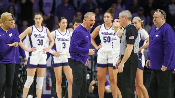 Mar 24, 2024; Manhattan, Kansas, USA; Kansas State Wildcstas head coach Jeff Mittie reacts to a call during the third quarter against the Colorado Buffaloes at Bramlage Coliseum. Mandatory Credit: Scott Sewell-Imagn Images