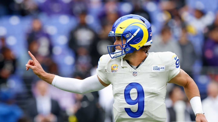 Oct 12, 2025; Baltimore, Maryland, USA; Los Angeles Rams quarterback Matthew Stafford (9) warms up prior to the game against the Baltimore Ravens at M&T Bank Stadium. Mandatory Credit: Peter Casey-Imagn Images Oct 12, 2025; Baltimore, Maryland, USA; Los Angeles Rams quarterback Matthew Stafford (9) warms up prior to the game against the Baltimore Ravens at M&T Bank Stadium. Mandatory Credit: Peter Casey-Imagn Images