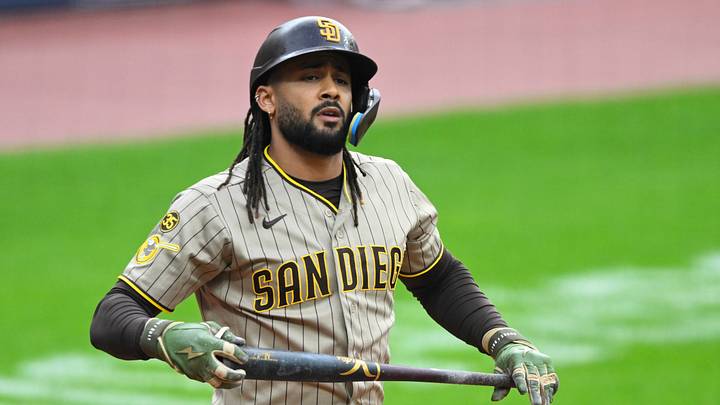 Aug 15, 2026; Cleveland, Ohio, USA; San Diego Padres right fielder Fernando Tatis Jr. (23) reacts after walking in the first inning against the Cleveland Guardians at Progressive Field. Mandatory Credit: David Richard-Imagn Images Aug 15, 2026; Cleveland, Ohio, USA; San Diego Padres right fielder Fernando Tatis Jr. (23) reacts after walking in the first inning against the Cleveland Guardians at Progressive Field. Mandatory Credit: David Richard-Imagn Images