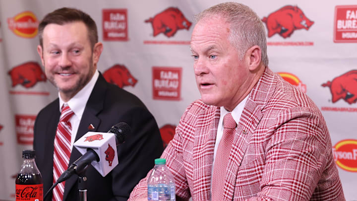 Dec 4, 2025; Fayetteville, AR, USA; Arkansas Razorbacks head coach Ryan Silverfield during his introductory press conference along with vice chancellor and director of athletics Hunter Yurachek at Frank Broyles Center. Mandatory  Credit: Nelson Chenault-Imagn Images