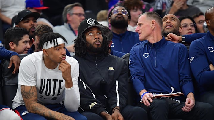 Los Angeles Clippers forward Kawhi Leonard watches game action against the San Antonio Spurs during the second half at Intuit Dome. 