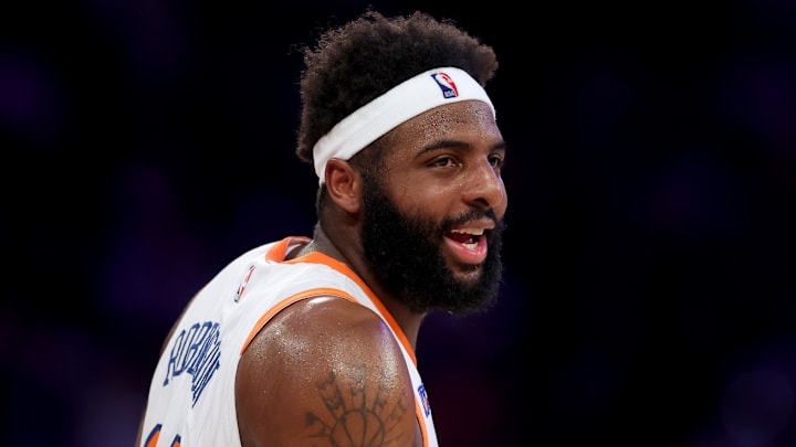 New York Knicks center Mitchell Robinson reacts during the first quarter against the Cleveland Cavaliers.