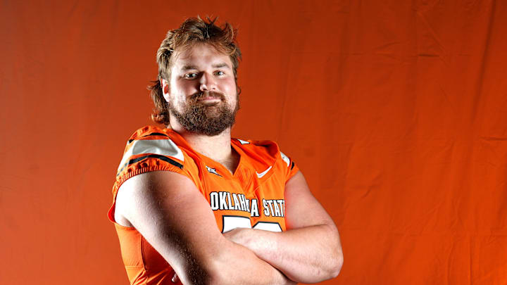 Oklahoma State offensive lineman Bob Schick poses for a photograph during the Oklahoma State Cowboys football media days in Gallagher-Iba Arena in Stillwater, Oklahoma, Saturday, Aug., 2, 2025. Oklahoma State offensive lineman Bob Schick poses for a photograph during the Oklahoma State Cowboys football media days in Gallagher-Iba Arena in Stillwater, Oklahoma, Saturday, Aug., 2, 2025.