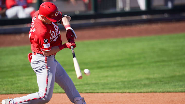 Cincinnati Reds Cooper Bowman (53) hits the ball in the fifth inning of a Cactus League game between the Cincinnati Reds and San Francisco Giants, Sunday, Feb. 23, 2025, at Scottsdale Stadium in Scottsdale, Ariz. Giants won 5-2.