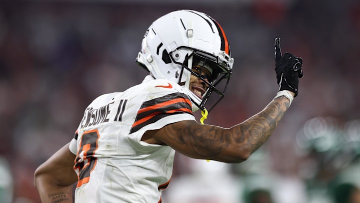 Dec 28, 2023; Cleveland, Ohio, USA; Cleveland Browns cornerback Greg Newsome II (0) celebrates