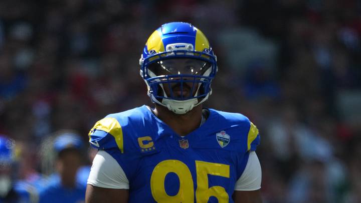 Sep 11, 2026; Melbourne, AUS;  Los Angeles Rams defensive end Myles Garrett (95) plays in the first half against the San Francisco 49ers at Melbourne Cricket Ground.  Mandatory Credit: Kirby Lee-Imagn Images