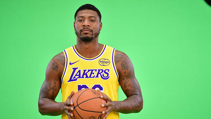 Sep 29, 2025; Los Angeles, CA, USA; Los Angeles Lakers guard Marcus Smart (36) poses for photos during media day at UCLA Health Training Center. Mandatory Credit: Gary A. Vasquez-Imagn Images Sep 29, 2025; Los Angeles, CA, USA; Los Angeles Lakers guard Marcus Smart (36) poses for photos during media day at UCLA Health Training Center. Mandatory Credit: Gary A. Vasquez-Imagn Images