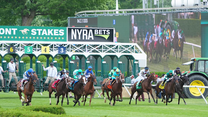 Jun 8, 2024; Saratoga Springs, NY, USA; A general view of the start of race two at Saratoga Race Course. Jun 8, 2024; Saratoga Springs, NY, USA; A general view of the start of race two at Saratoga Race Course.