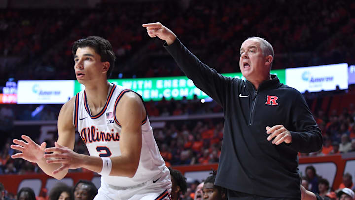 Jan 8, 2026; Champaign, Illinois, USA; Illinois Fighting Illini guard Andrej Stojakovic (2) looks for a pass as Rutgers Scarlet Knights head coach Steve Pikiell reacts during the first half at State Farm Center. Mandatory Credit: Ron Johnson-Imagn Images Jan 8, 2026; Champaign, Illinois, USA; Illinois Fighting Illini guard Andrej Stojakovic (2) looks for a pass as Rutgers Scarlet Knights head coach Steve Pikiell reacts during the first half at State Farm Center. Mandatory Credit: Ron Johnson-Imagn Images