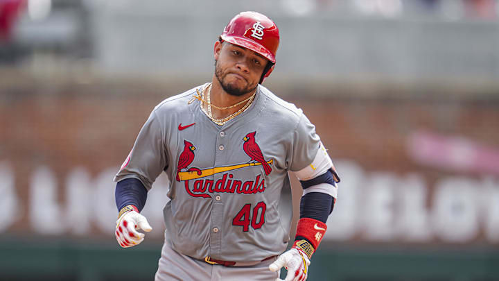 Jul 21, 2024; Cumberland, Georgia, USA; St. Louis Cardinals catcher Willson Contreras (40) reacts after hitting a home run against the Atlanta Braves during the eighth inning at Truist Park. Mandatory Credit: Dale Zanine-Imagn Images