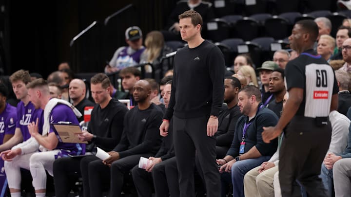 Mar 17, 2025; Salt Lake City, Utah, USA; Utah Jazz head coach Will Hardy watches from the sidelines during the first quarter against the Chicago Bulls at Delta Center. Mandatory Credit: Chris Nicoll-Imagn Images Mar 17, 2025; Salt Lake City, Utah, USA; Utah Jazz head coach Will Hardy watches from the sidelines during the first quarter against the Chicago Bulls at Delta Center. Mandatory Credit: Chris Nicoll-Imagn Images