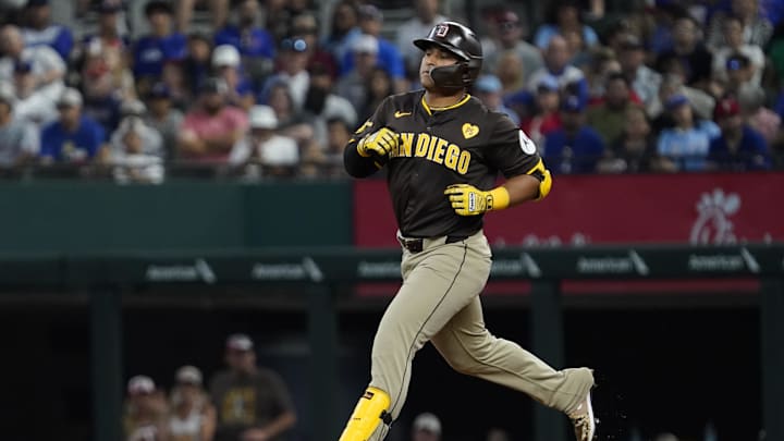 San Diego Padres third baseman Donovan Solano (39) runs to second base with an RBI double during the fourth inning against the Texas Rangers at Globe Life Field in 2024. San Diego Padres third baseman Donovan Solano (39) runs to second base with an RBI double during the fourth inning against the Texas Rangers at Globe Life Field in 2024.