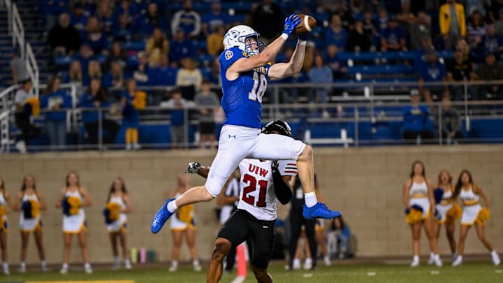 South Dakota State wide receiver Griffin Wilde (18) catches the ball for the touchdown on Saturday, Sept. 7, 2024, at Dana J. Dykhouse Stadium in Brookings.