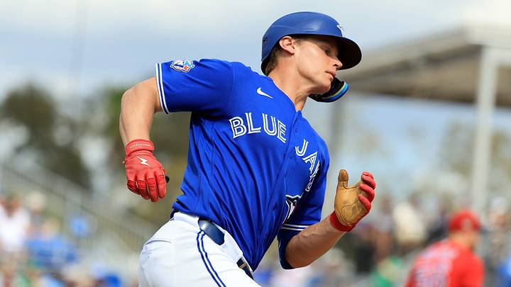 Mar 2, 2026; Dunedin, Florida, USA;  Toronto Blue Jays shortstop Josh Kasevich (86) singles during the fifth inning against the Boston Red Sox at TD Ballpark. Mandatory Credit: Kim Klement Neitzel-Imagn Images