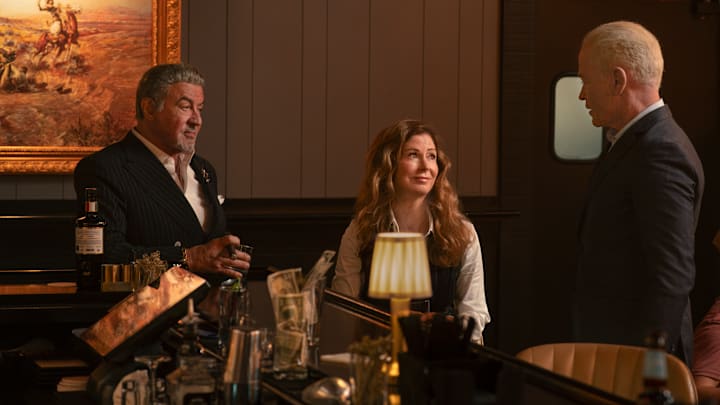 Sylvester Stallone as Dwight Manfredi, Dana Delany as Margaret and Neil McDonough as Thresher in the Paramount+ original series TULSA KING. Photo Credit: Brian Douglas/Paramount+. ©2025 Viacom International Inc. All Rights Reserved.