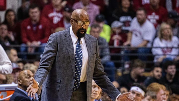 Nov 16, 2024; Bloomington, Indiana, USA; Indiana Hoosiers head coach Mike Woodson in the first half against the South Carolina Gamecocks at Simon Skjodt Assembly Hall. Mandatory Credit: Trevor Ruszkowski-Imagn Images