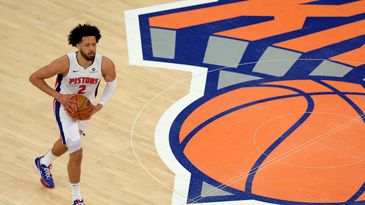 Apr 21, 2025; New York, New York, USA; Detroit Pistons guard Cade Cunningham (2) brings the ball up court against the New York Knicks during the first quarter of game two of first round of the 2024 NBA Playoffs at Madison Square Garden. Mandatory Credit: Brad Penner-Imagn Images