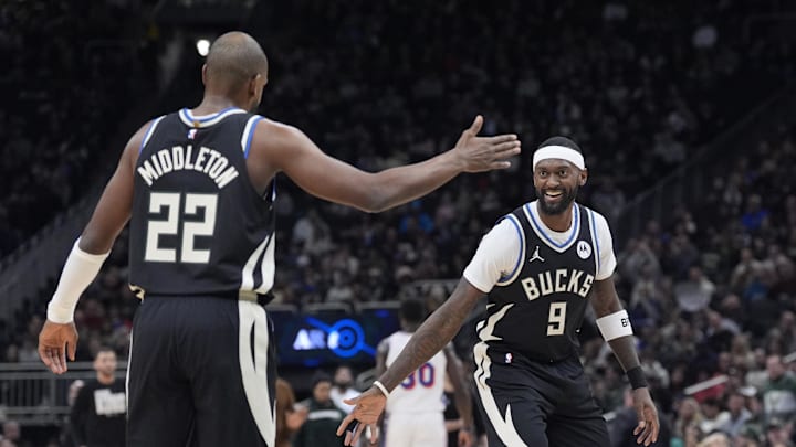 Jan 19, 2025; Milwaukee, Wisconsin, USA; Milwaukee Bucks forward Khris Middleton (22) and Milwaukee Bucks forward Bobby Portis (9) celebrate a made basket in the first half at Fiserv Forum. Mandatory Credit: Michael McLoone-Imagn Images Jan 19, 2025; Milwaukee, Wisconsin, USA; Milwaukee Bucks forward Khris Middleton (22) and Milwaukee Bucks forward Bobby Portis (9) celebrate a made basket in the first half at Fiserv Forum. Mandatory Credit: Michael McLoone-Imagn Images