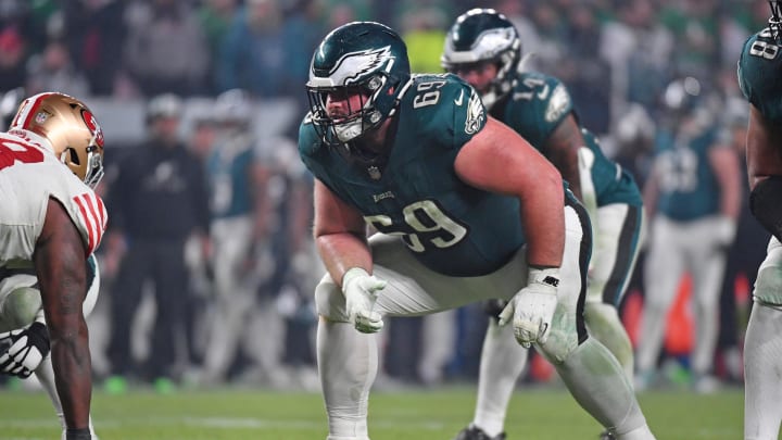 Dec 3, 2023; Philadelphia, Pennsylvania, USA; Philadelphia Eagles guard Landon Dickerson (69) against the San Francisco 49ers at Lincoln Financial Field. Dec 3, 2023; Philadelphia, Pennsylvania, USA; Philadelphia Eagles guard Landon Dickerson (69) against the San Francisco 49ers at Lincoln Financial Field.