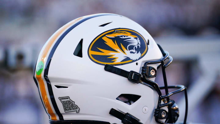 Sep 7, 2024; Columbia, Missouri, USA; A general view of a Missouri Tigers helmet against the Buffalo Bulls during the first half at Faurot Field at Memorial Stadium. Mandatory Credit: Denny Medley-Imagn Images