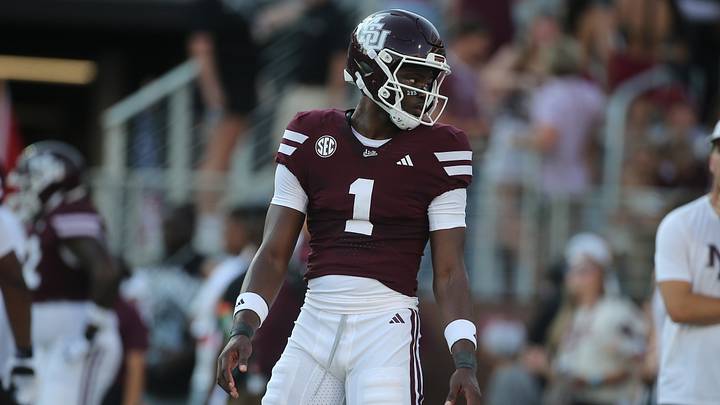 Sep 5, 2026; Starkville, Mississippi, USA; Mississippi State Bulldogs quarterback Kamario Taylor (1) looks on during warm ups prior to the game against the Louisiana Monroe Warhawks at Davis Wade Stadium at Scott Field. Mandatory Credit: Petre Thomas-Imagn Images