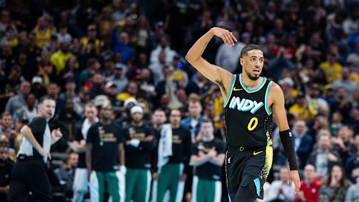Dec 4, 2023; Indianapolis, Indiana, USA; Indiana Pacers guard Tyrese Haliburton (0) celebrates
