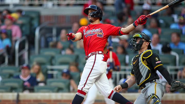 Jun 5, 2026; Atlanta, Georgia, USA; Atlanta Braves shortstop Mauricio Dubon (14) hits a two-run home run against the Pittsburgh Pirates in the third inning at Truist Park. Mandatory Credit: Brett Davis-Imagn Images