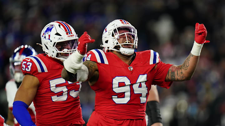 Dec 1, 2025; Foxborough, Massachusetts, USA; New England Patriots defensive tackle Cory Durden (94) celebrates after a play during the fourth quarter against the New York Giants at Gillette Stadium. Mandatory Credit: David Butler II-Imagn Images
