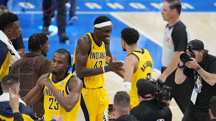 Jun 5, 2025; Oklahoma City, Oklahoma, USA; Indiana Pacers forward Pascal Siakam (43) celebrates with guard Tyrese Haliburton (0) after their win against the Oklahoma City Thunder in game one of the 2025 NBA Finals at Paycom Center. Mandatory Credit: Kyle Terada-Imagn Images