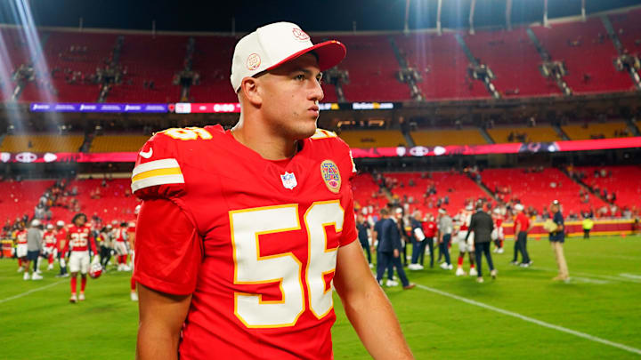 Aug 22, 2025; Kansas City, Missouri, USA; Kansas City Chiefs defensive end George Karlaftis (56) leaves the field after the game against the Chicago Bears at GEHA Field at Arrowhead Stadium. Mandatory Credit: Denny Medley-Imagn Images Aug 22, 2025; Kansas City, Missouri, USA; Kansas City Chiefs defensive end George Karlaftis (56) leaves the field after the game against the Chicago Bears at GEHA Field at Arrowhead Stadium. Mandatory Credit: Denny Medley-Imagn Images